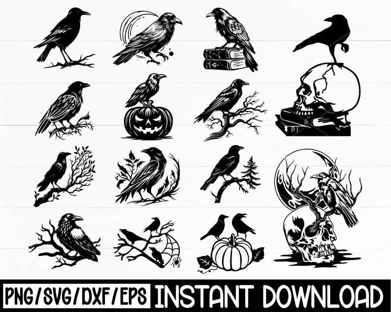 May include: A collection of black raven illustrations in various poses, including perched on branches, pumpkins, and skulls. The designs are in a minimalist style, suitable for Halloween or gothic-themed projects. The text "PNG/SVG/DXF/EPS INSTANT DOWNLOAD" is at the bottom.