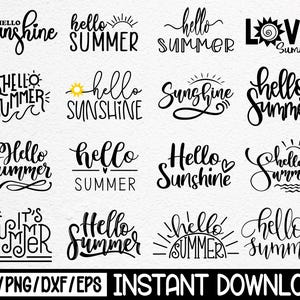 以下が含まれることがあります： 黒と白の夏のテーマのSVG、PNG、DXF、EPSデザインのコレクションです。「Hello Summer」、「Hello Sunshine」、「It's Summer」などのフレーズと、太陽と波のイラストが含まれています。「INSTANT DOWNLOAD」の文字も含まれています。