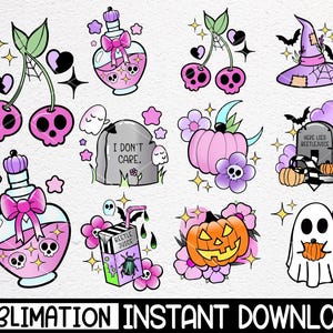 May include: A collection of spooky-themed digital illustrations. Includes skull cherries, potion bottles, a witch hat, a tombstone, a pumpkin, a ghost, and a Beetle Juice carton. The text "SUBMLIMATION INSTANT DOWNLOAD" is at the bottom.