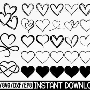 Puede incluir: Una colección de diseños de corazones negros en varios estilos, incluyendo contornos, rellenos sólidos y formas entrelazadas. La imagen incluye el texto "PNG/SVG/DXF/EPS INSTANT DOWNLOAD".