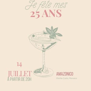 Invitation anniversaire chic 25 ans – Modèle numérique personnalisable – Cocktail Party – Invitation PDF à imprimer
