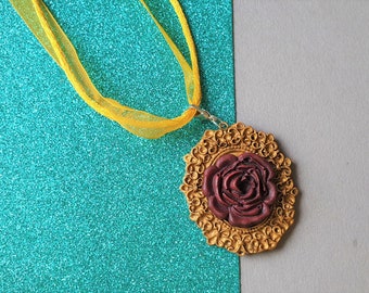 Beauty and the Beast Rose Cameo Necklace - Red & Gold - Handmade Polymer Clay