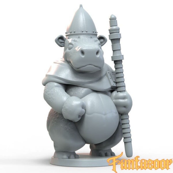 Fantazoor - HIPPO CHAMPION - 3D Printed Chibi TTRPG D&D Miniature