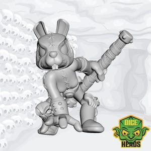 May include: A grey 3D-printed figurine of a rabbit-like creature with stitched seams, holding a club. The figure has a menacing expression and is in a battle stance. The Dice Heads logo is in the bottom right corner.
