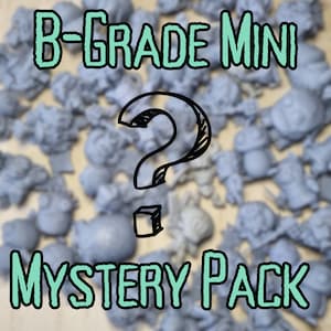 May include: A close-up of a mystery pack of B-Grade Miniatures. The pack contains a variety of miniature figures, all of which are in a gray color. The miniatures are out of focus, but the text "B-GRADE MINI MYSTERY PACK" is in focus and in a teal color.