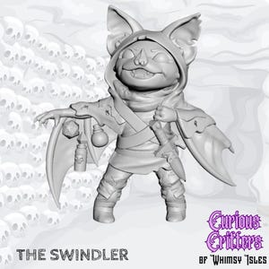 May include: A 3D-rendered figurine of "The Swindler" from Curious Critters of Whimsy Isles. The character is a bat-like creature wearing a hooded cloak, holding a dagger and potion bottles. The background features a pattern of skulls.