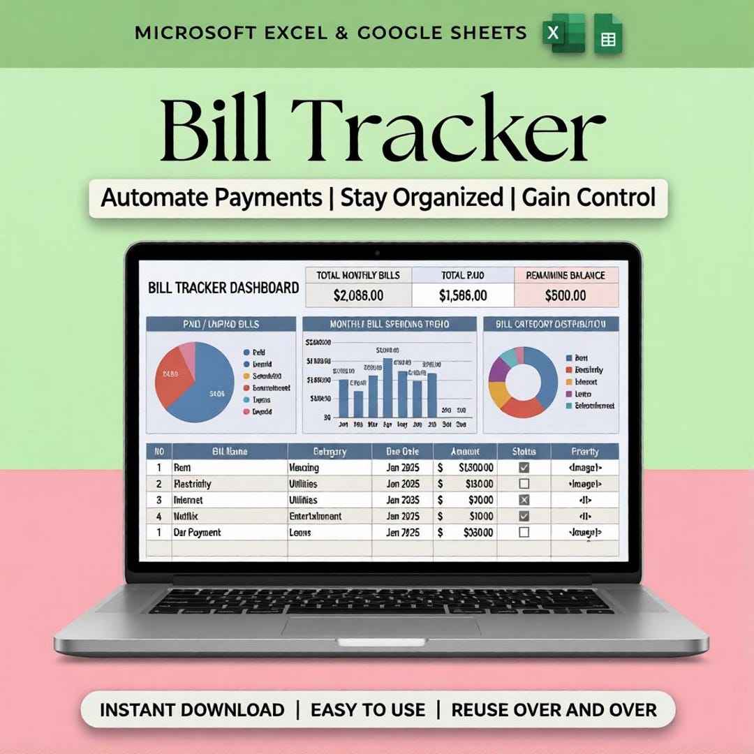 Monthly Bill Tracker Spreadsheet | Bill Calendar Google Sheets Excel ...