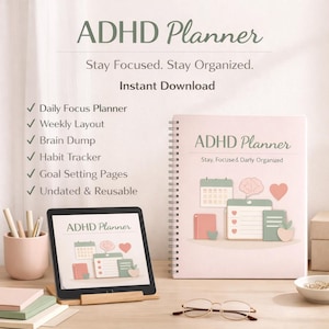 Puede incluir: Un planificador de TDAH con el título "ADHD Planner" y el texto "Stay Focused. Stay Organized." se muestra en una tableta y un cuaderno de espiral. El planificador incluye un planificador diario, diseño semanal y seguimiento de hábitos.