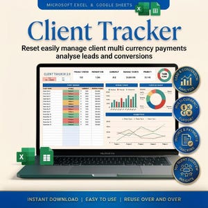 Puede incluir: Un portátil que muestra una hoja de cálculo "Client Tracker" con gráficos y análisis de datos. La pantalla muestra el estado del proyecto, el pago adeudado, la moneda y los detalles de los ingresos. Se ven iconos de Excel y Google Sheets, junto con funciones como soporte de múltiples divisas y seguimiento de facturas.