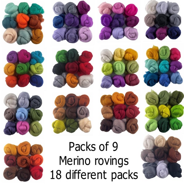 Pack of 9 Merino Rovings for needle felting (particularly 2D), spinning, wet felting and general craft use