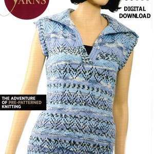 May include: A sleeveless knit top featuring a blue, white, and black variegated yarn pattern with diamonds and zigzags. The garment has a collared V-neckline and ribbed hem. Text includes Creative Yarns, Classic Collection, 71-117cm 28-46in, and Diamonds & Zigzags.