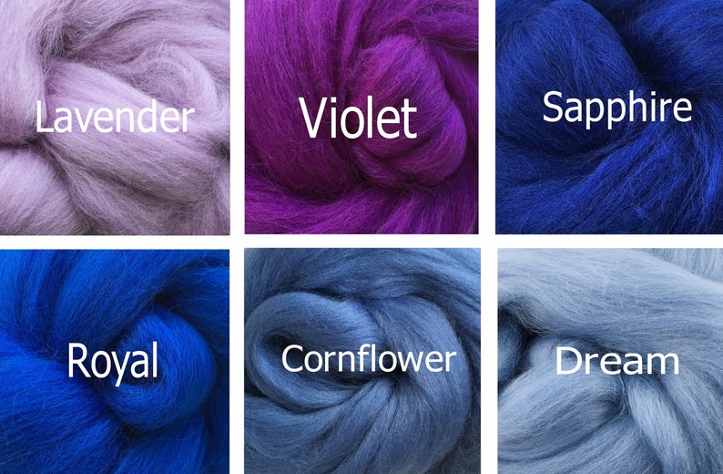 May include: Six skeins of wool yarn in various shades of blue and purple. The skeins are labeled "Lavender", "Violet", "Sapphire", "Royal", "Cornflower", and "Dream".