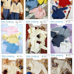 May include: A collection of knitting patterns for baby sweaters and cardigans. The patterns feature a variety of colours and styles, including a yellow cardigan, a blue hooded sweater, a pink cardigan, a white cardigan, a blue sweater, and a white cardigan with a hood. The patterns are from Peter Gregory Designs for Knitting.