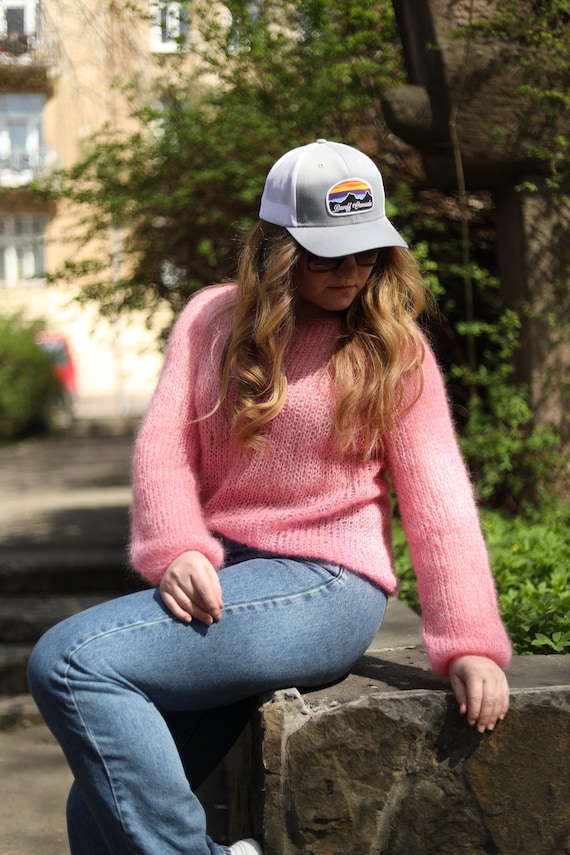 Soft Girl Mohair Sweater, Hand-Knit Baby Pink Fluffy Pullover Sheer Knit  Aesthetic, Cozy Kawaii Cute Outfit