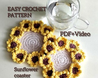 Crochet Coaster pattern – DIY sunflower drink coaster, easy PDF tutorial for coffee cup coaster