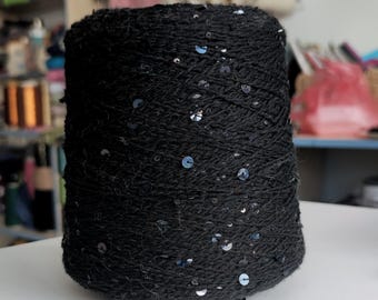 Schwarzes Pailletten-Merino Garn, Merino-Wollgarn, schwarzes Strickgarn, 100g, 200 m, schwarzes Glitzer-Wollgarn