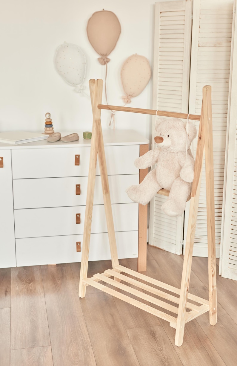 Wooden Clothing Rack, Montessori Wardrobe, Kids Clothes Rack, Nursery ...