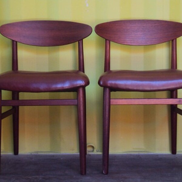 Mid Century Sculpted Teak & Leather Dining Desk Chairs