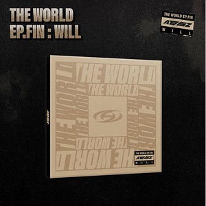 Könnte beinhalten: Ein beigefarbenes Albumcover mit dem sich wiederholenden Text "THE WORLD EP.FIN : WILL". Das Album hat ein zentrales Logo und einen kleinen Aufkleber mit dem Text "THE WORLD EP.FIN ATEEZ WILL".