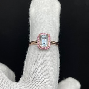 Natural Aquamarine Octagon 5x7mm With Pink Sapphire around//925 Sterling Silver//Bridal Ring//Beautiful wedding Ring//Vintage Silver Ring//