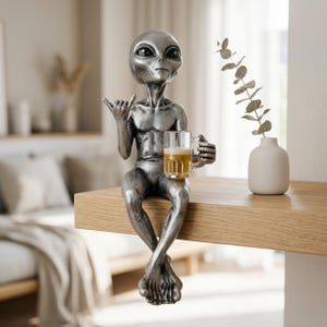 Könnte beinhalten: Silberne Alien-Figur mit Bierkrug, sitzend auf einem Holzregal. Der Alien macht eine Handgeste und hält den Krug. Rechts ein kleiner weißer Vase mit einer Pflanze.