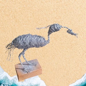 Handmade Wire Bird Sculpture | Beach Coastal Décor | Summer Seaside Art | Metal Bird on Wooden Base | Wire Animal Art