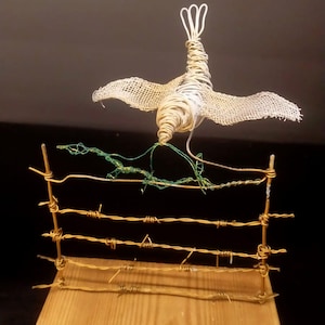 Wire Bird Sculpture: Abstract Metal Art on Wood Base