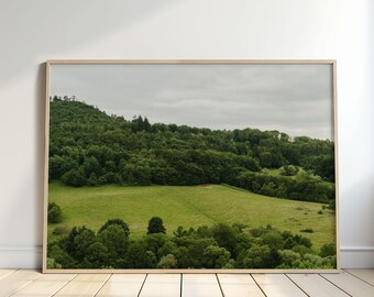 Könnte beinhalten: Ein gerahmter Landschaftsdruck mit einer lebendigen grünen Wiese und einem üppigen Wald unter einem bewölkten Himmel. Das Kunstwerk ist in einem hellen Holzrahmen eingefasst, was eine natürliche Ästhetik verleiht. Der Druck wird vor einer weißen Wand mit Holzboden im Vordergrund präsentiert.