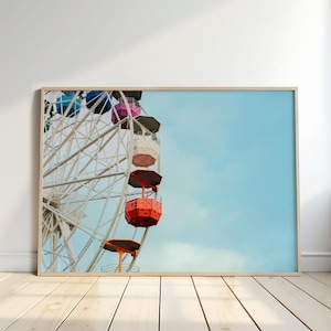 Bunte Riesenrad Wandkunst - Rote Hütte & blauer Himmel Foto Druck - Karneval Fahrt Digital Download