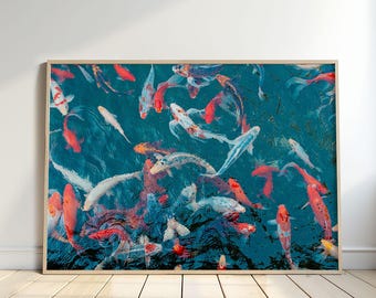 Koi Fish Wall Art – Red and White Chinese Carps, Zen Water Print, Tranquil Pond Digital Download, Asian Decor Poster