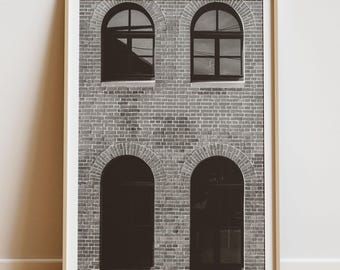 Vintage Brick Building Print – 4 Windows Urban Wall Art – Architecture Photo for Home Decor