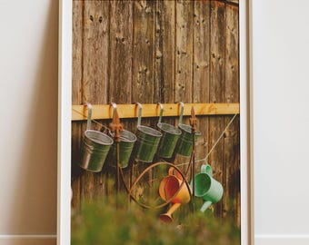 Rustic Garden Accessories Print: Vintage Watering Cans (Digital Download)