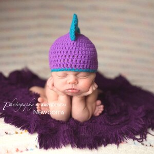 May include: A newborn baby wearing a purple crocheted hat with a teal trim and a teal fin. The baby is lying on a purple fuzzy blanket. The image has the text "Photography by AXSYDESIGN Newborns".