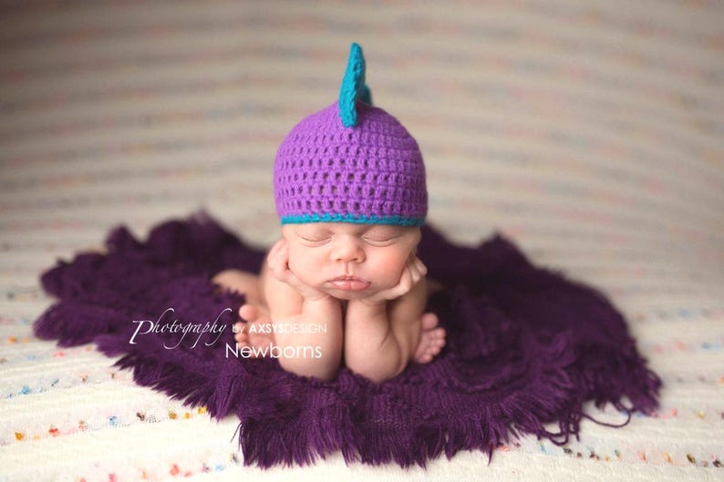May include: A newborn baby wearing a purple crocheted hat with a teal trim and a teal fin. The baby is lying on a purple fuzzy blanket. The image has the text "Photography by AXSYDESIGN Newborns".