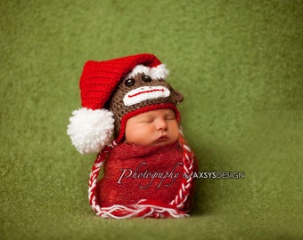 Santa Sock Monkey Hat PDF Pattern 0-3 Months Only