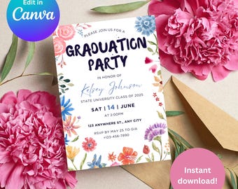 Floral Graduation Party Invitation | Watercolor Flowers, Class of 2025 (Digital Download)