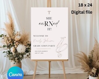 Nursing Graduation Welcome Sign, She Earned It Poster, Customizable Grad Party Decor (Digital Download)