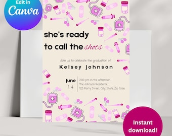 Pink Nursing Graduation Invitation | RN Grad Party, Canva Template (Digital Download)