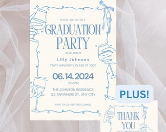 Modern Graduation Party Invitation – Blue Wine Glass Design (Canva Template)