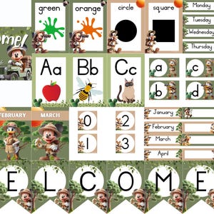 May include: A collection of educational materials featuring Mickey Mouse, Donald Duck, and other characters. Includes alphabet cards, number cards, shapes, colors, and calendar elements. The banner spells "WELCOME".