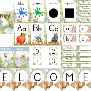 Puede incluir: Material educativo con ilustraciones de Peter Rabbit. Incluye tarjetas del alfabeto, formas y colores, números, días de la semana, meses y una pancarta con la palabra "WELCOME".