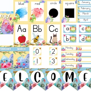Puede incluir: Un conjunto de imprimibles educativos en acuarela con pájaros, flores y el alfabeto. Incluye pancartas con la palabra "Welcome", formas, números y días de la semana. La combinación de colores es principalmente amarillo, azul y rosa.
