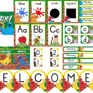 May include: A collection of Sesame Street themed educational materials. Includes colorful flashcards with shapes, letters, and numbers, along with banners and calendar elements. Features characters like Elmo and Big Bird.