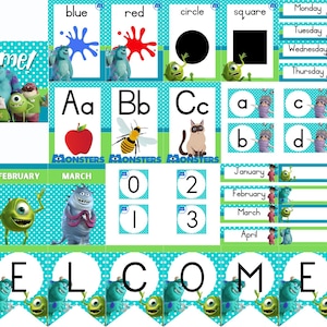 Könnte beinhalten: Eine Sammlung von Lernmaterialien mit Charakteren von Monsters, Inc. Enthält Alphabetkarten, Farb- und Formkarten, Kalenderteile und ein Willkommensbanner. Das Farbschema ist türkis, weiß und grün.