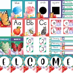 Könnte beinhalten: Eine Sammlung von Lernmaterialien mit Aquarell-Schmetterlingen, Blumen und Formen. Enthält Alphabetkarten, Zahlenkarten, Wochentage, Monate und ein Willkommensbanner. Das Logo The Bee Box CT ist sichtbar.