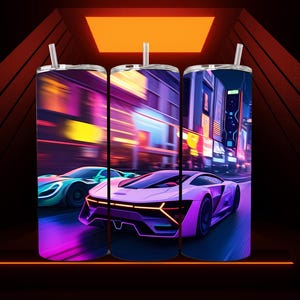 Vinilo para vaso de coche Cyberpunk neón: Diseño de sublimación sin costuras (descarga digital, 23,5 x 21,8 cm)