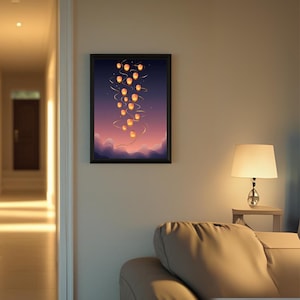 Festival das Lanternas Brilhantes | Download Digital | Arte de Parede com Céu de Lanterna | Impressão de Crepúsculo Sereno | Design Gráfico Calmo | Arte de Noite Mágica