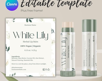 May include: White Lily Herbal Lip Balm packaging template. The design features a white background with floral accents and the text "White Lily". The balm is 4.25 g, 100% Vegan and Organic. The ingredients include beeswax, shea butter, coconut oil, aloe extract, natural coloring, and essential oils.