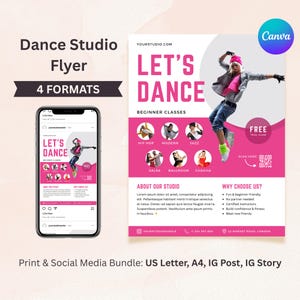 May include: A dance studio flyer in pink and white, featuring the text "LET'S DANCE" and information about beginner classes like Hip Hop, Modern, and Jazz. The flyer includes a smartphone mockup and a dancer illustration.