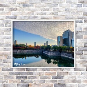 Arte murale con vista sulla città, paesaggio urbano stampabile, estetica calma, download digitale, stampa fotografica A3